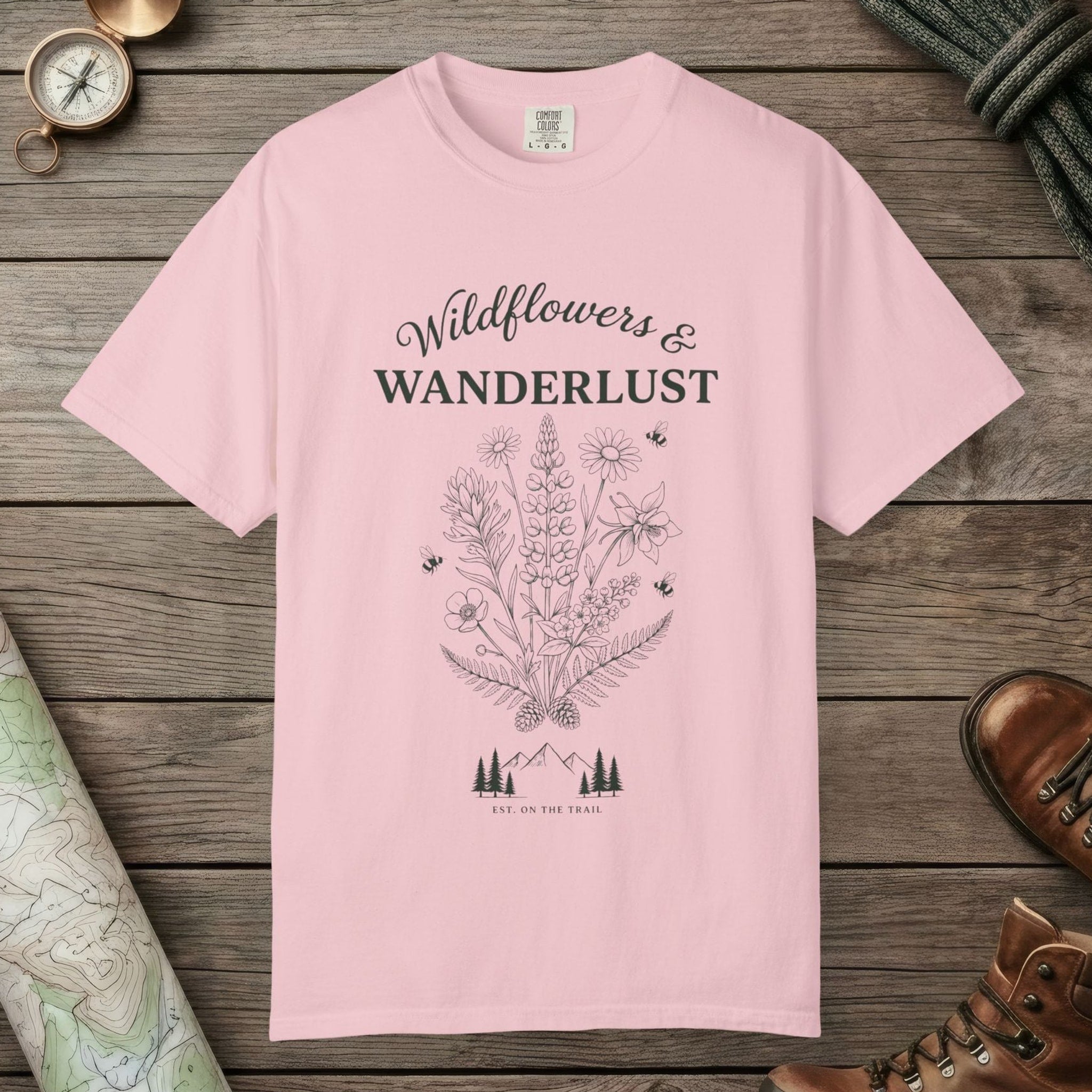 Blossom color unisex graphic t-shirt with "Wildflowers & Wanderlust" design