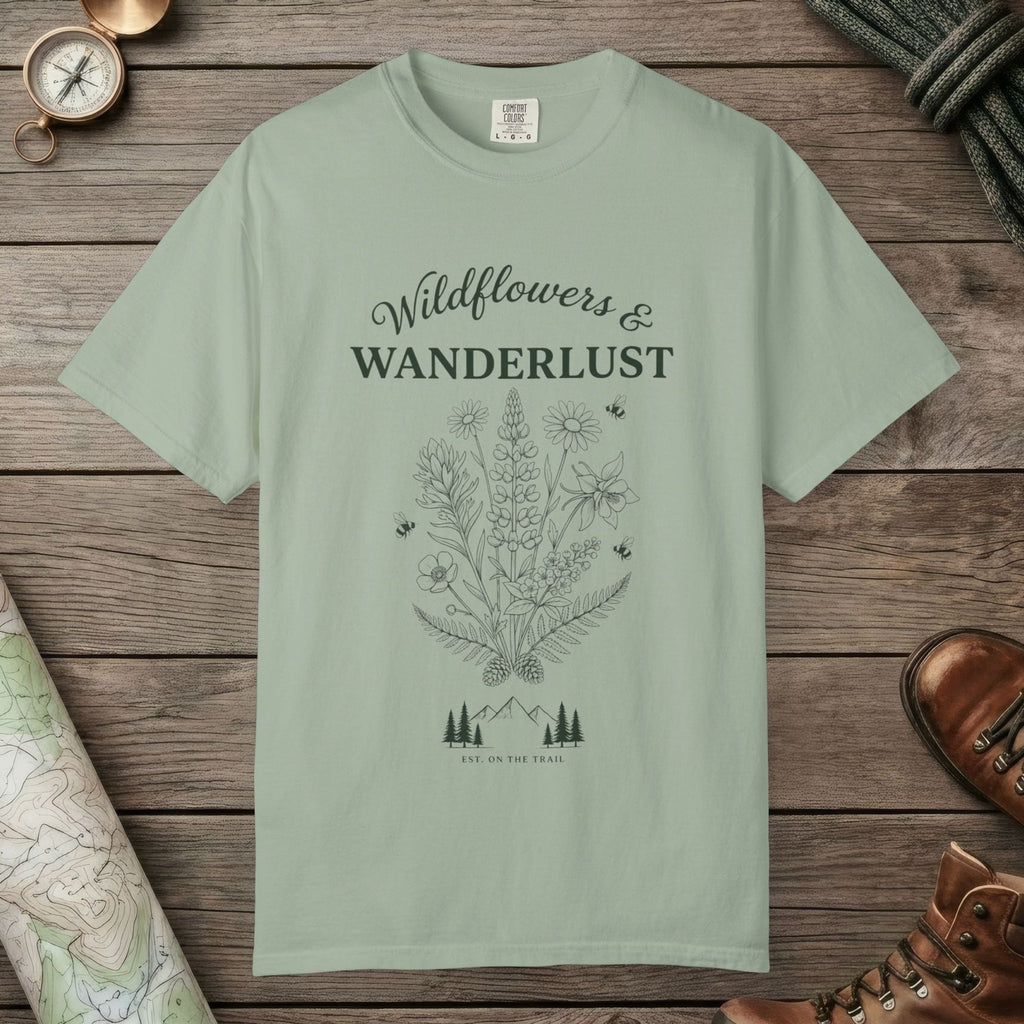 Bay color unisex graphic t-shirt with "Wildflowers & Wanderlust" design