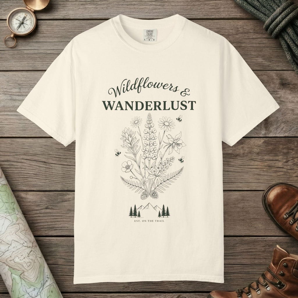 Ivory color unisex graphic t-shirt with "Wildflowers & Wanderlust" design