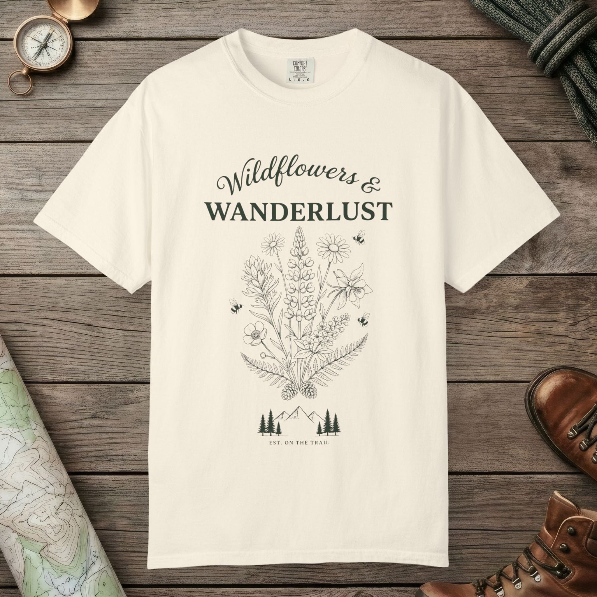 Ivory color unisex graphic t-shirt with "Wildflowers & Wanderlust" design
