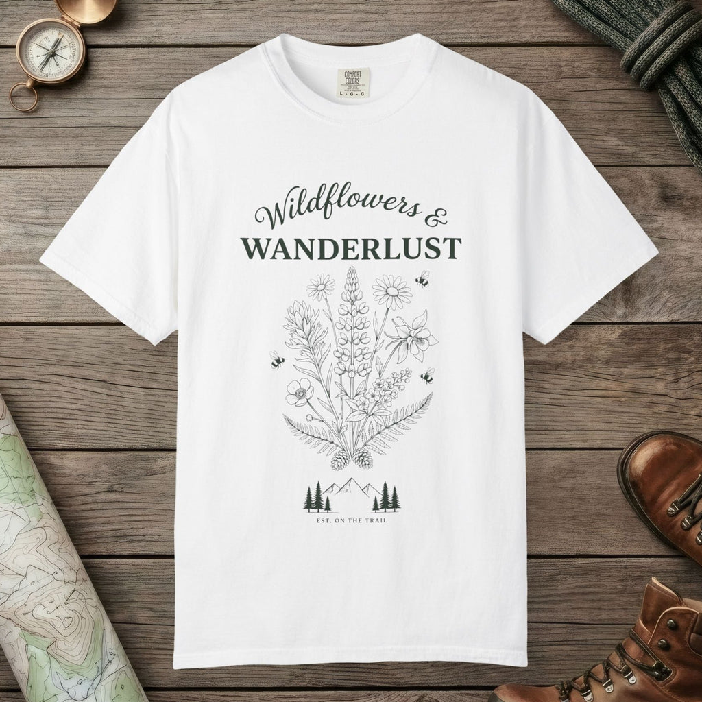 White color unisex graphic t-shirt with "Wildflowers & Wanderlust" design