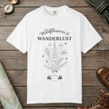 White color unisex graphic t-shirt with "Wildflowers & Wanderlust" design