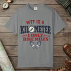 Grey color unisex graphic t-shirt with "WTF Is a Kilometer" design