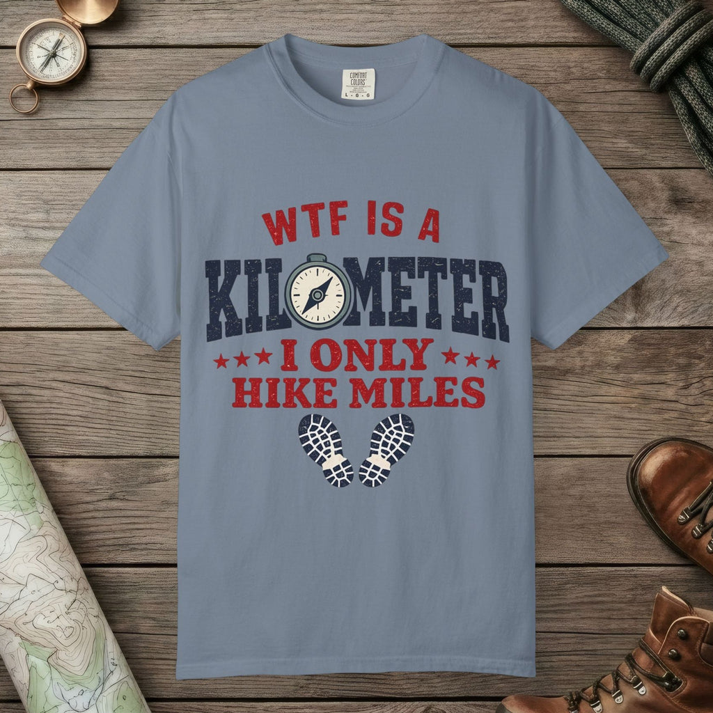 Blue Jean color unisex graphic t-shirt with "WTF Is a Kilometer" design