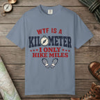 Blue Jean color unisex graphic t-shirt with "WTF Is a Kilometer" design