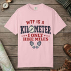 Blossom color unisex graphic t-shirt with "WTF Is a Kilometer" design