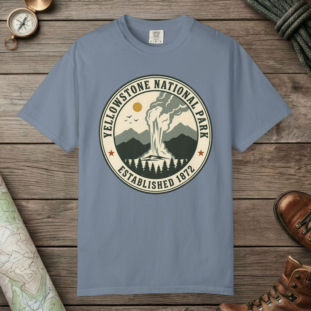 Blue Jean color unisex graphic t-shirt with "Yellowstone National Park Vintage" design