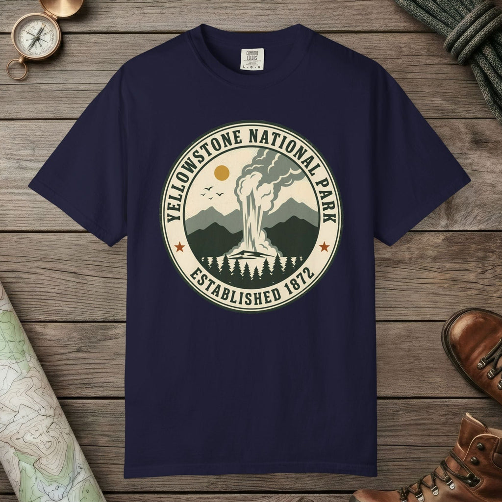 True Navy color unisex graphic t-shirt with "Yellowstone National Park Vintage" design