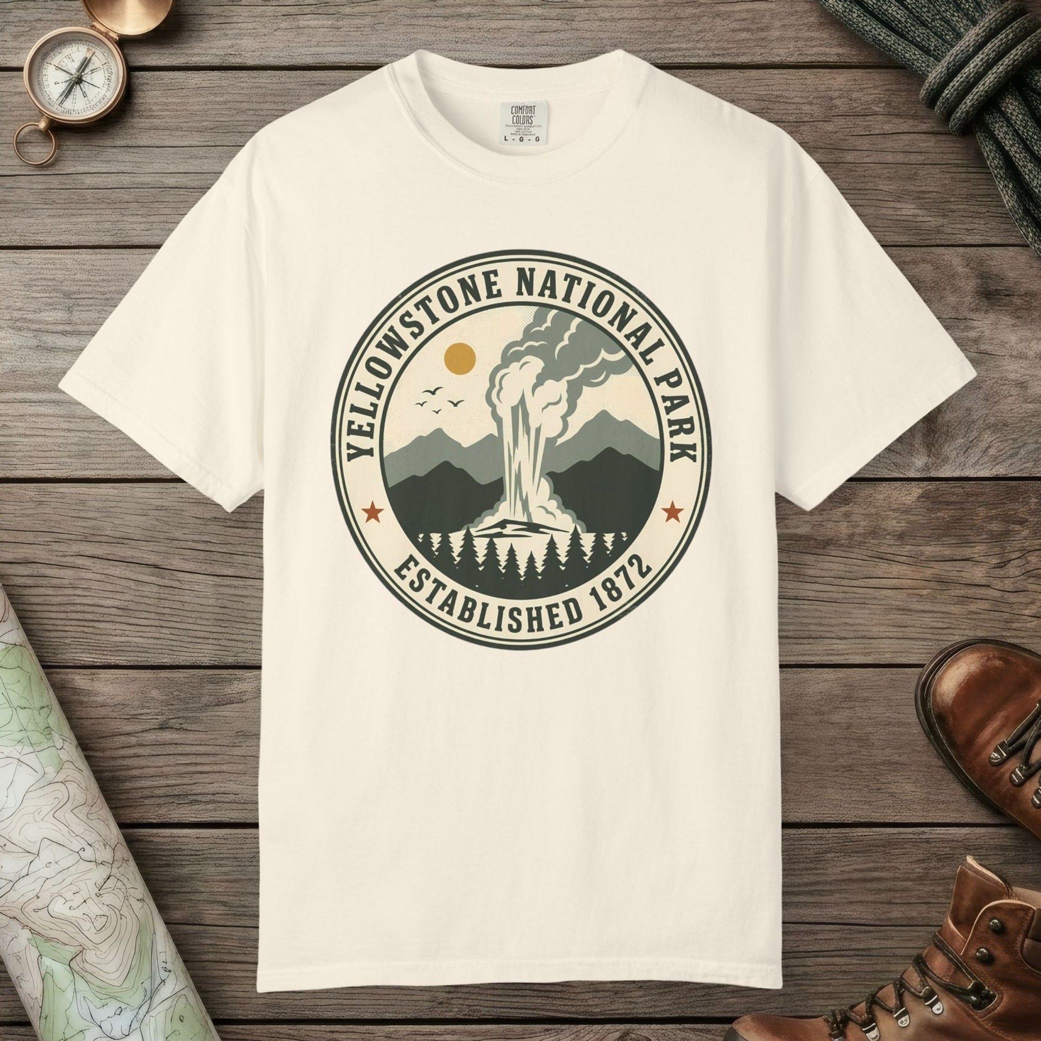 Ivory color unisex graphic t-shirt with "Yellowstone National Park Vintage" design