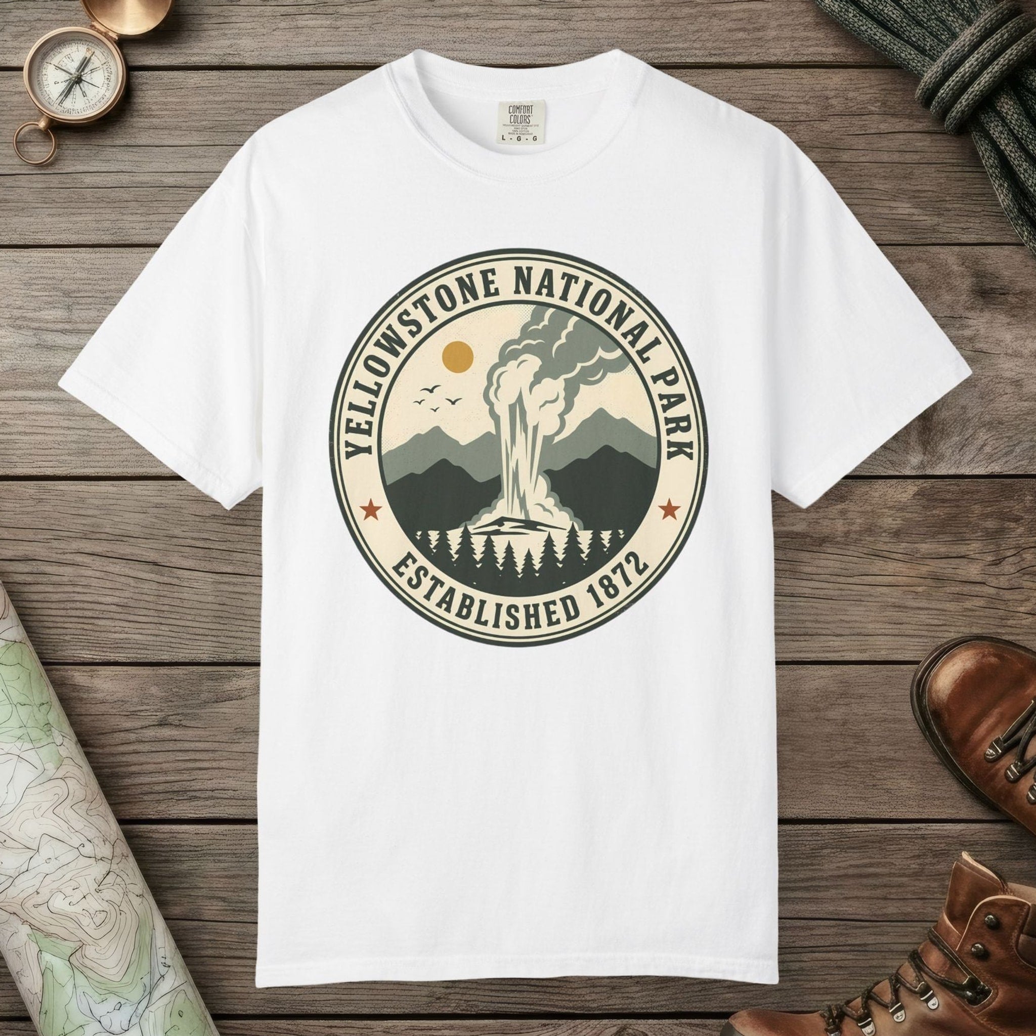White color unisex graphic t-shirt with "Yellowstone National Park Vintage" design