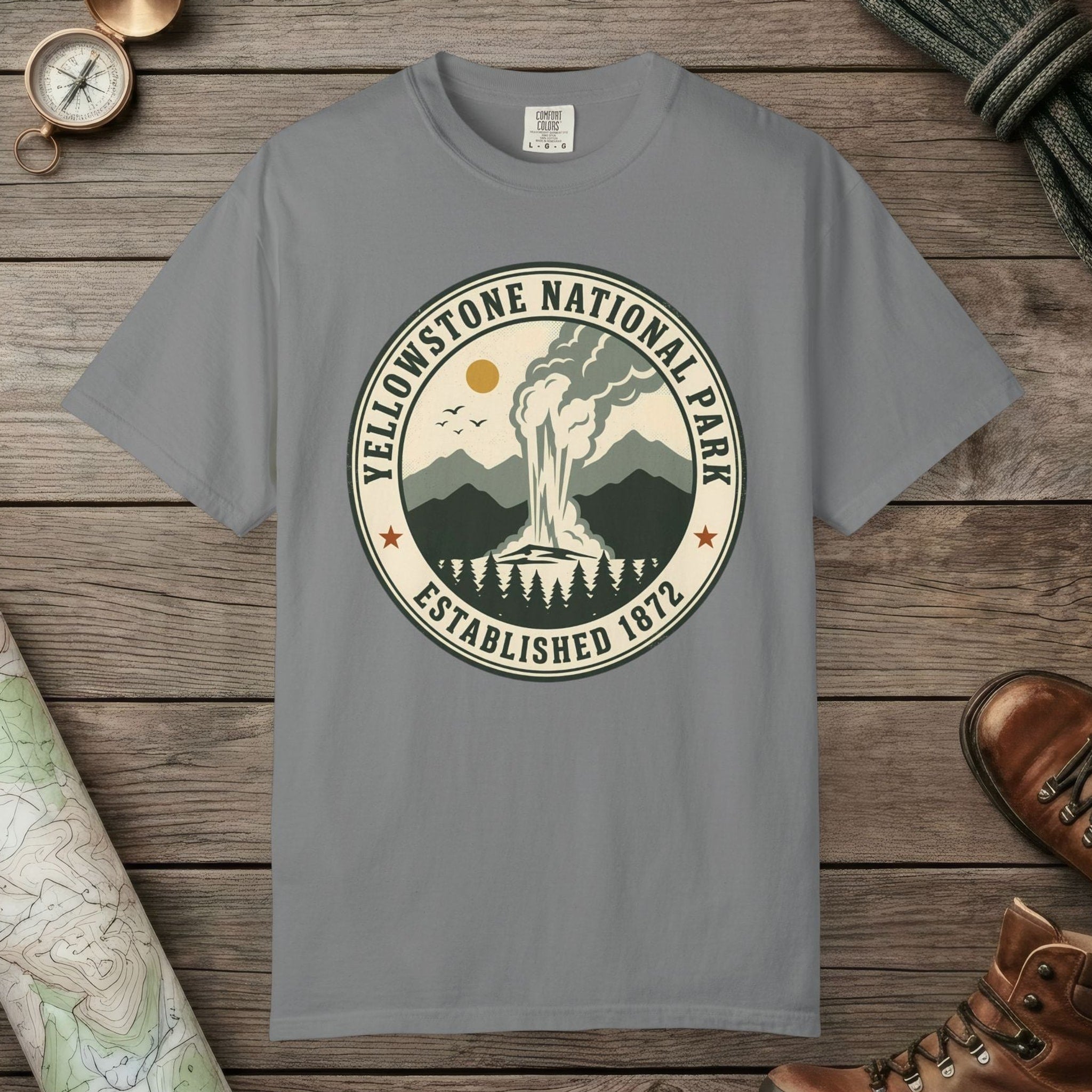 Grey color unisex graphic t-shirt with "Yellowstone National Park Vintage" design