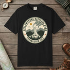 Black color unisex graphic t-shirt with "Yellowstone National Park Vintage" design