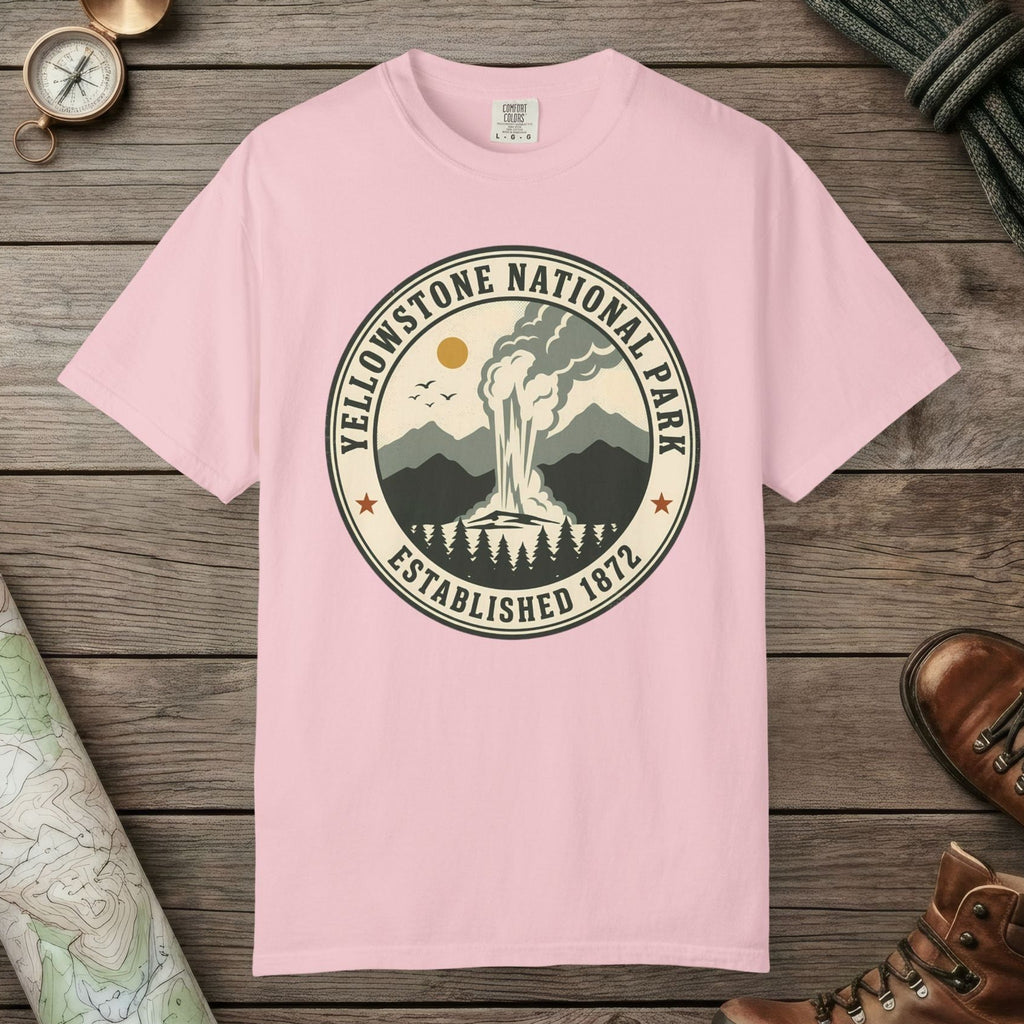 Blossom color unisex graphic t-shirt with "Yellowstone National Park Vintage" design