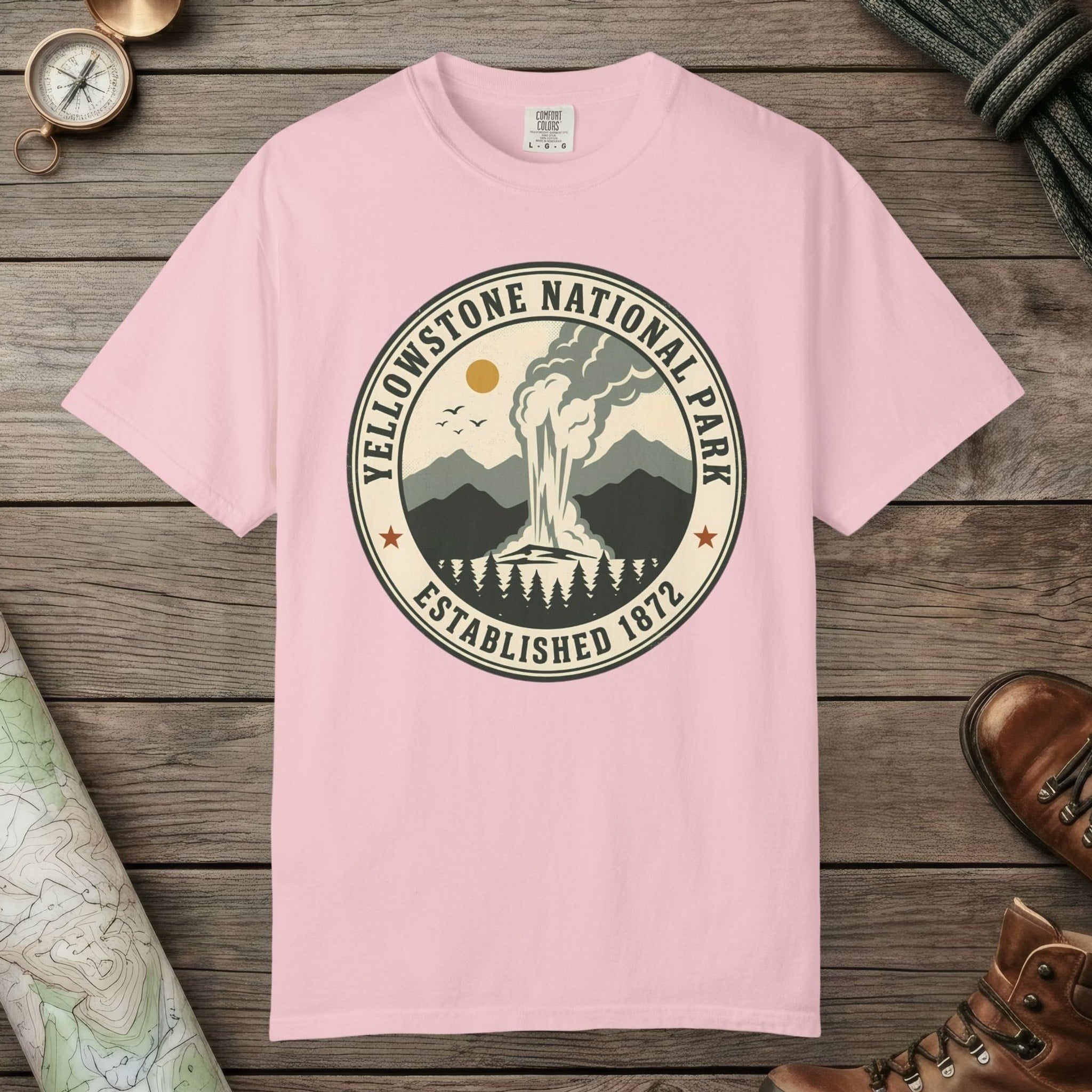 Blossom color unisex graphic t-shirt with "Yellowstone National Park Vintage" design