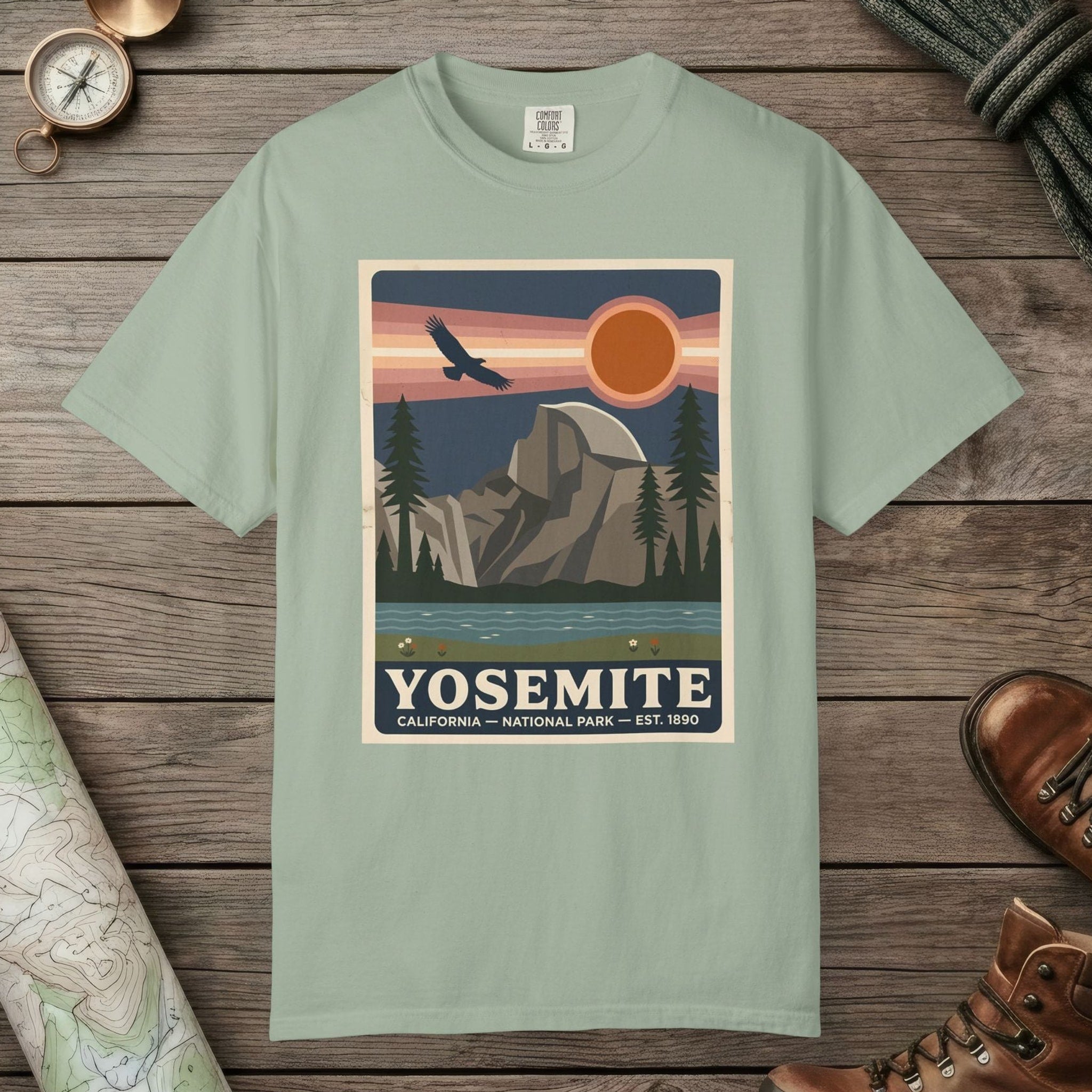 Bay color unisex graphic t-shirt with "Yosemite National Park" design