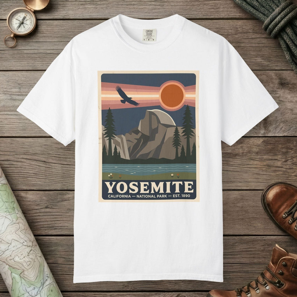 White color unisex graphic t-shirt with "Yosemite National Park" design